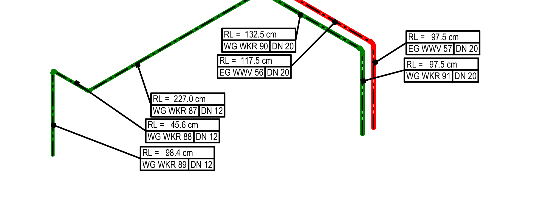 Vorfabrikationsplan mit zugeordneten Rohrpositionen, Dimensionen und Längen.